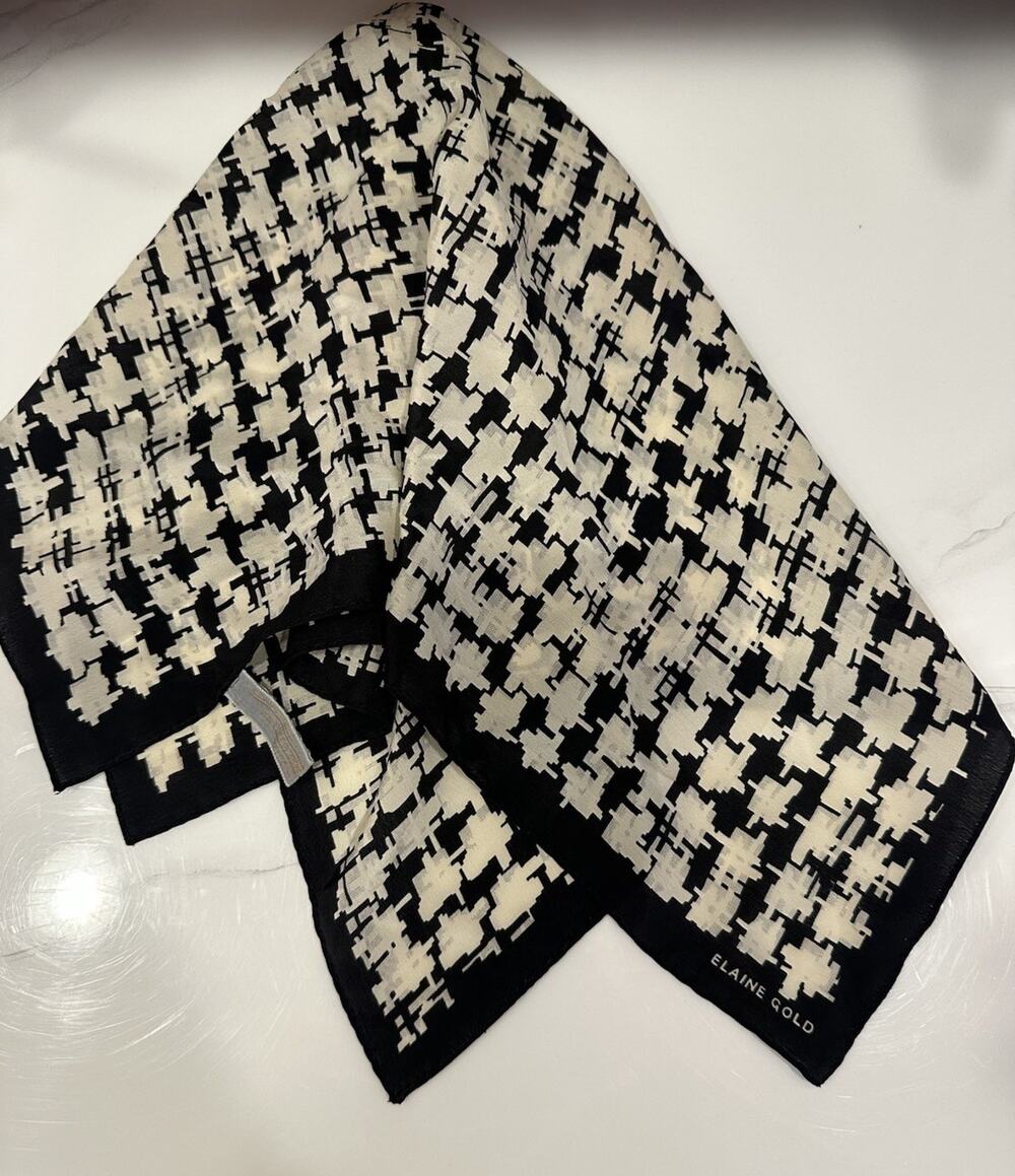 Vintage Elaine Gold Silk Scarf Black Cream Abstract 21” Square Classic Luxury